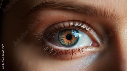 Close up detail beautiful female eye macro, fashion naturel makeup. Generative AI