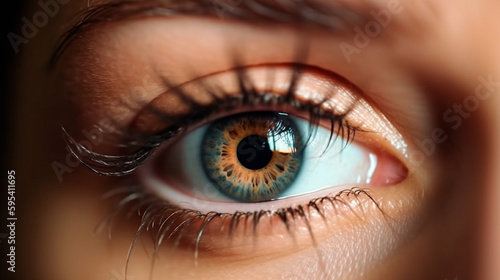 Close up detail beautiful female eye macro, fashion naturel makeup. Generative AI