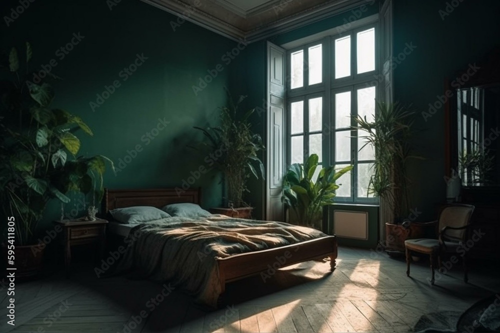 A room with big window, bed, chair, plant. Generative AI