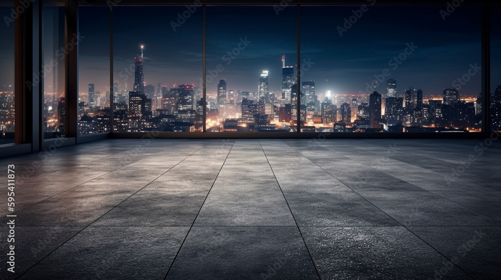 Empty concrete floor in the foreground, city skyline at night. Generative AI