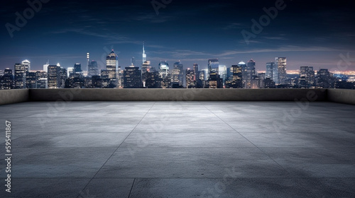 Empty concrete floor in the foreground, city skyline at night. Generative AI