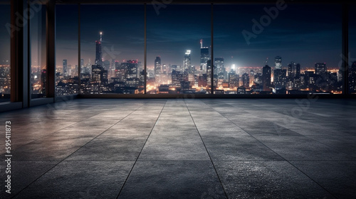 Empty concrete floor in the foreground, city skyline at night. Generative AI