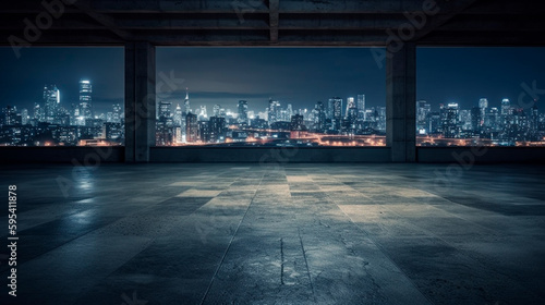 Empty concrete floor in the foreground  city skyline at night. Generative AI