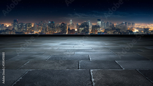 Empty concrete floor in the foreground, city skyline at night. Generative AI © Aram