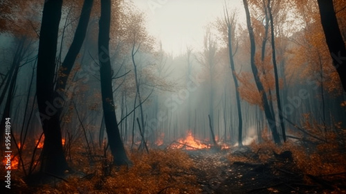 Waldbrand mit B  umen im Feuer. Generative AI