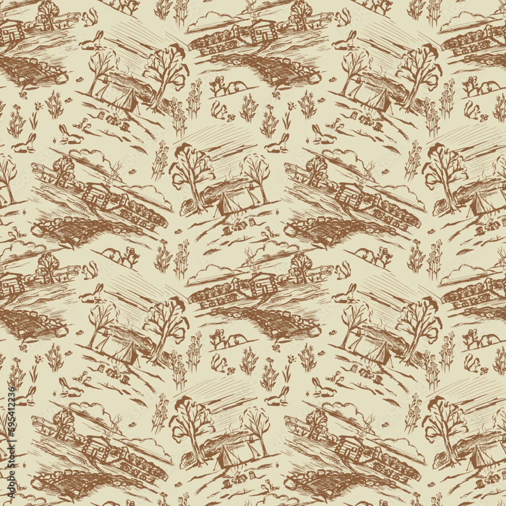 Nature, Camping, Cabin, Outdoors, Off the Grid,  Toile, Seamless Repeating Pattern Design