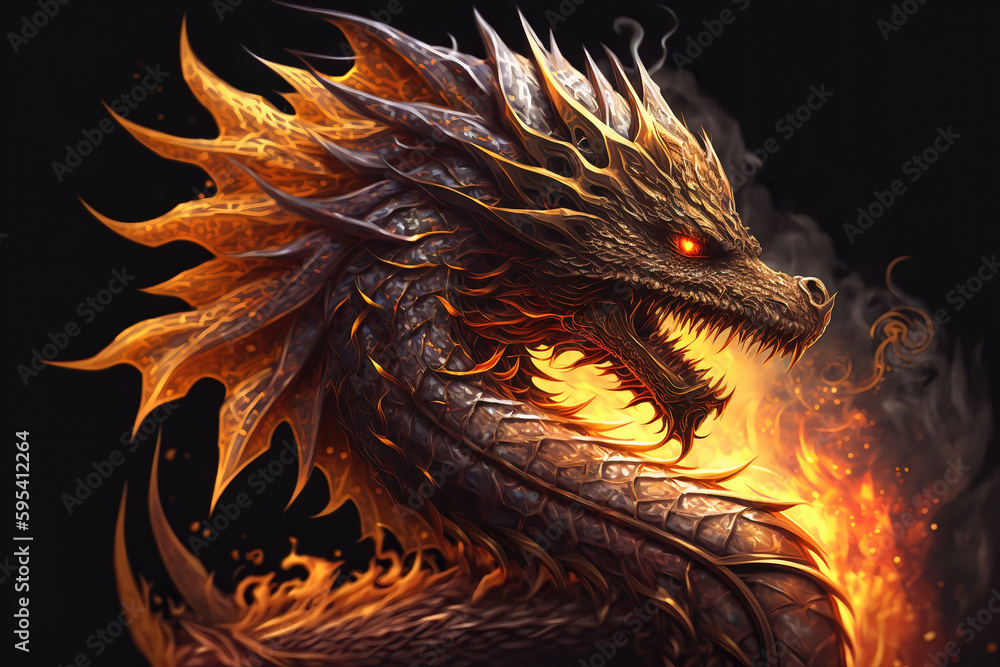 Golden dragon in flames, fantasy, illustration generative AI Golden dragon in flames, fantasy, illustration generative AI