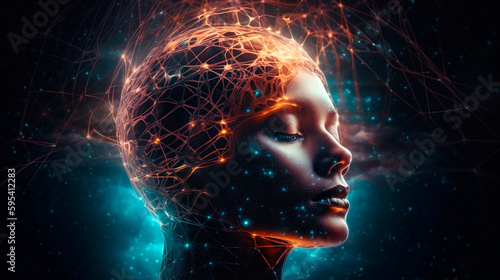 Human head with glowing neurons in brain. Esoteric and meditation concept. Connection with other worlds. Generative AI
