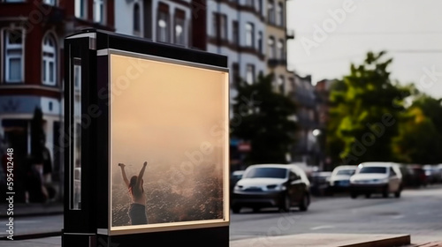 Mockup of blank advertising light box on the bus stop. Generative AI © Aram