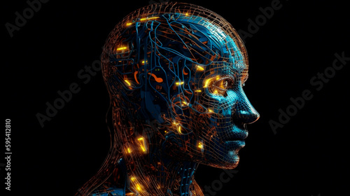 Side view of a humanoid head with blue and yellow eyes and vibrant neon neural network, representing futuristic technology and artificial intelligence. Generative AI