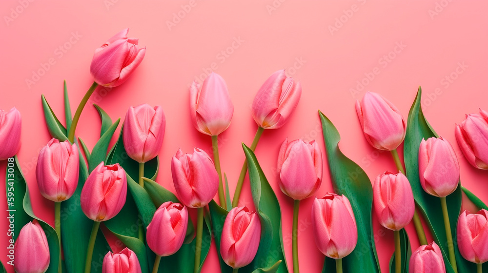 Spring tulip flowers on pink background top view in flat lay style. Greeting for Womens or Mothers Day or Spring Sale Banner. Generative AI Spring tulip flowers on pink background top view in flat lay style. Greeting for Womens or Mothers Day or Spring Sale Banner. Generative AI