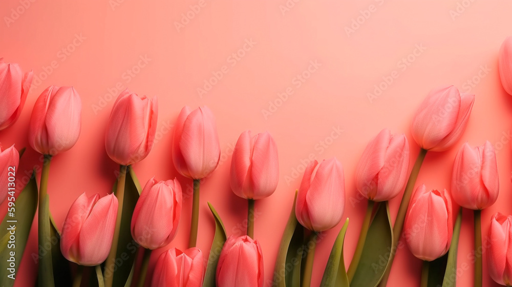 Spring tulip flowers on pink background top view in flat lay style. Greeting for Womens or Mothers Day or Spring Sale Banner. Generative AI Spring tulip flowers on pink background top view in flat lay style. Greeting for Womens or Mothers Day or Spring Sale Banner. Generative AI