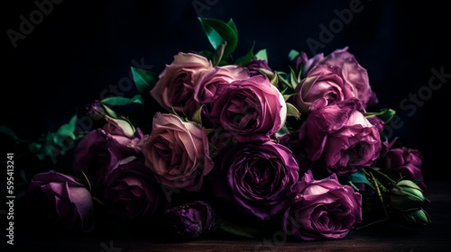 Vintage Classic deep violet rose bouquet on dark background. Generative AI