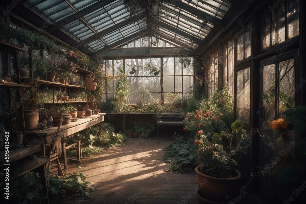 Interior of a vintage greenhouse filled with rare flowers and plants. Generative AI