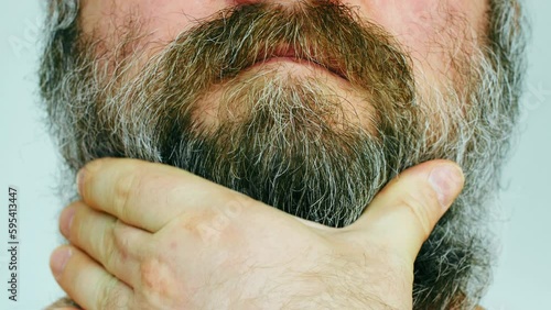Adult man stroking his big beard. Close-up of a man face with a lush, unkempt gray brown beard and mustache. Barbershop and hairdressing client. Man straightens the long hair on his face with his hand