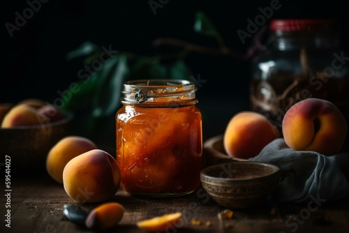 An opened jar of sweet apricot peaches jam, perfect for breakfast. Generative AI