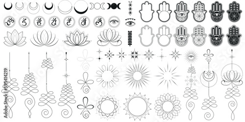 Mystical symbols of moon lotus chakras hamsa and unalome