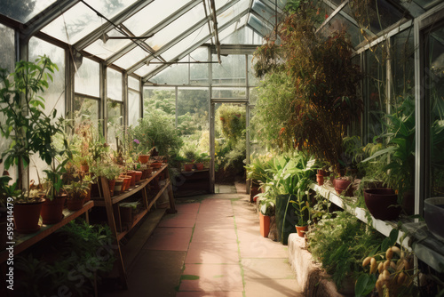 Greenhouse, eco agrdening agriculture garden with plants and flowers photo