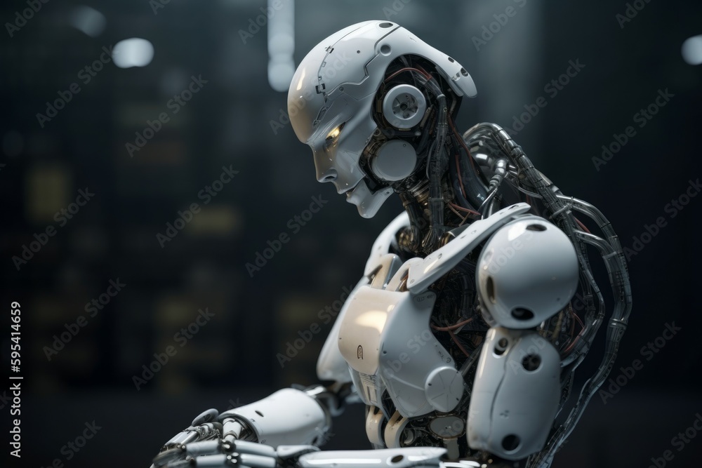 The advanced white robot is processing the information in its mind. AI generated, human enhanced The advanced white robot is processing the information in its mind. AI generated, human enhanced