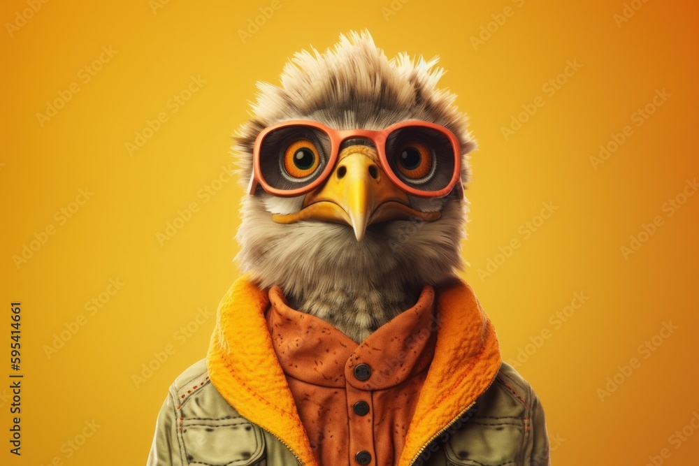 Anthropomorphic bird dressed in human clothing. humanized animal