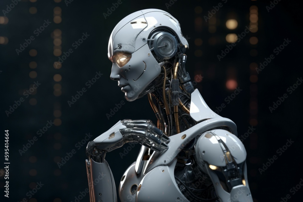 The high-tech white robot is contemplating the next step with precision. AI generated, human enhanced