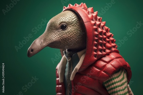 Anthropomorphic Armadillo dressed in human clothing. Humanized animal concept. AI generated, human enhanced © top images