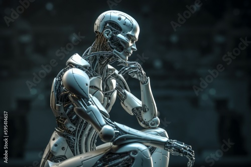 The cutting-edge white robot is deliberating on the best course of action. AI generated, human enhanced