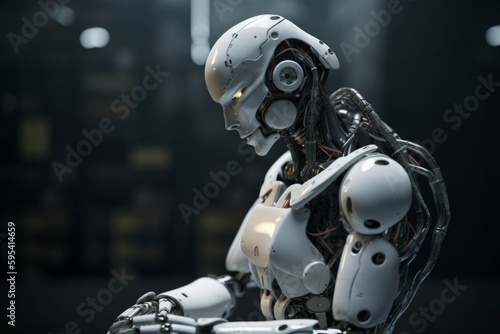 The advanced white robot is processing the information in its mind. AI generated, human enhanced