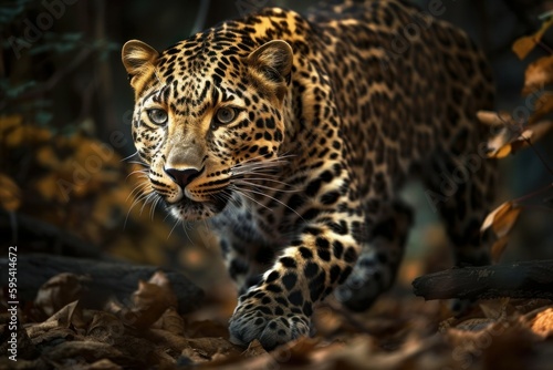 Beautiful leopard. Background with selective focus and copy space. AI generated  human enhanced