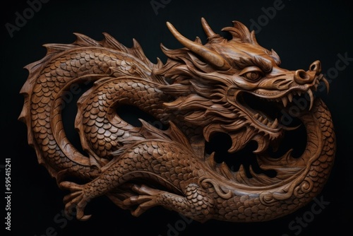 Dragon carved from mahogany wood. AI generated  human enhanced