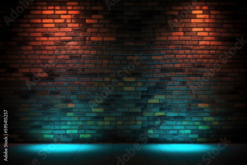Blurred brick wall background with neon light. Defocused back. Bokeh blank  graphic resource. AI generated