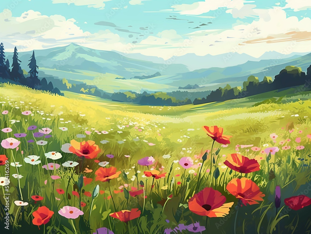 Illustration of a flower meadow in spring. AI generative