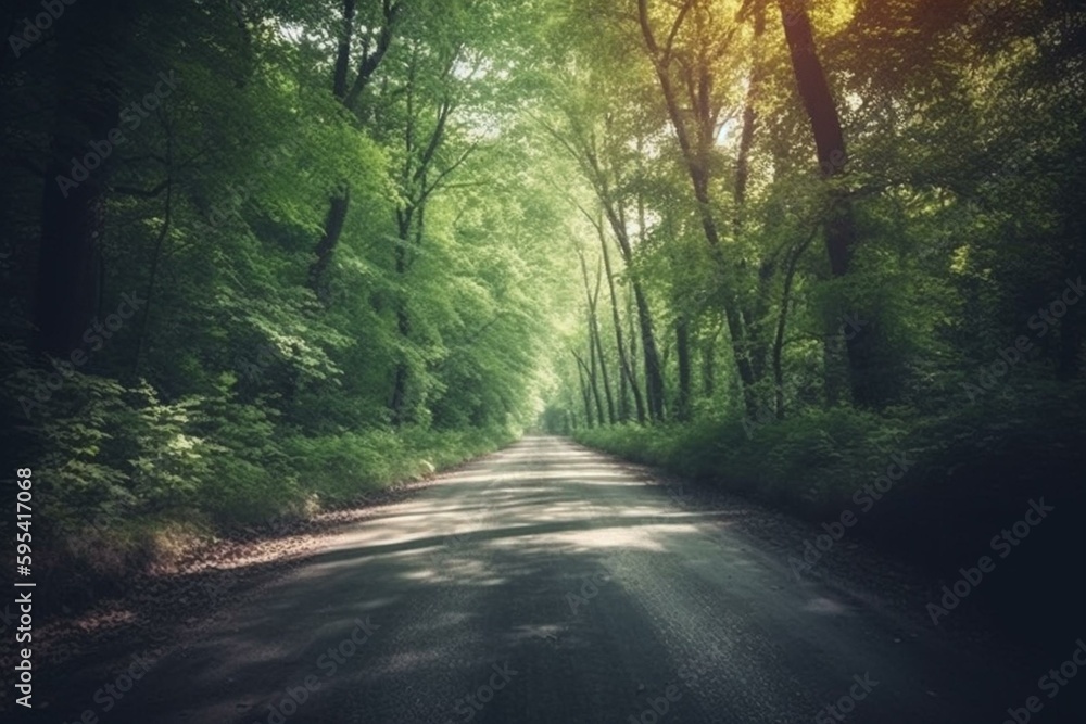 Retro style road leading to the forest, perfect for travel and vacation concept. Generative AI