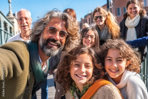 Pretty family taking a selfie on a bridge over a canal in Venice in the background in a sunny day. Generative AI