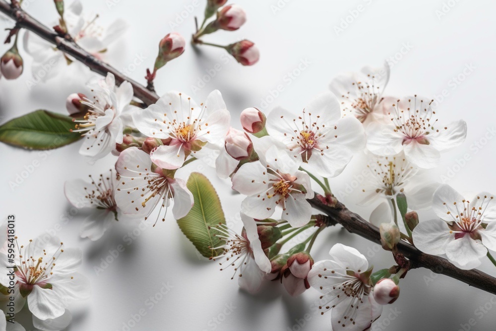 Design of blossoms and foliage on white backdrop. Generative AI