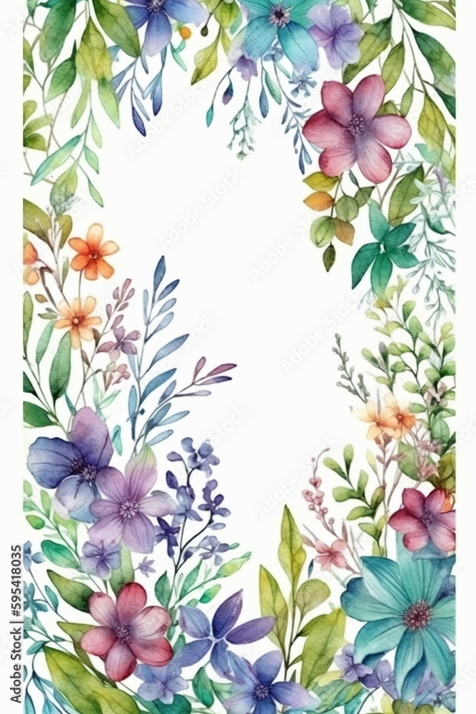 Beautiful small spring flowers and leaves border, rectangle, watercolour style, copy space. AI generative