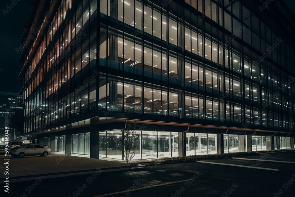 Nighttime modern office architecture with an unusual feel. Generative AI