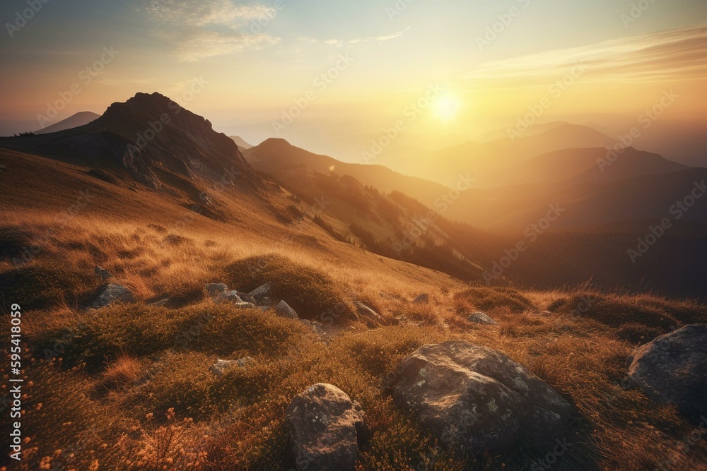Stunning sunrise over mountain landscape. Generative AI