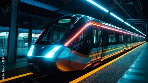 A high tech modern train at night. Generative AI. 