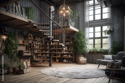 3D visualization of attic converted loft with spiral stairs & living room. Generative AI photo
