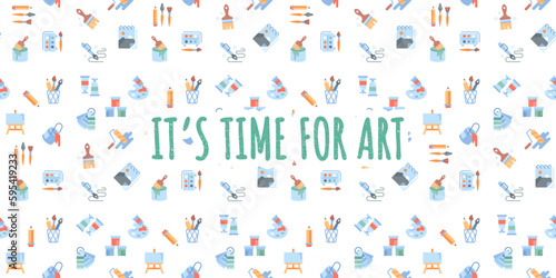 Art tools seamless pattern. Repeating design element for printing on fabric. Bucket with paint and brushes. Its time for art banner or poster.