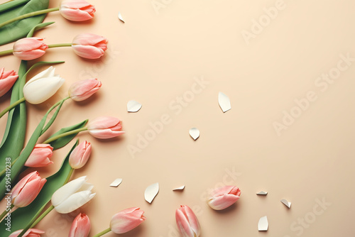 Beautiful Spring Bouquet of Tulilp flowers on pastel background. Valentine’s day, Easter, Women’s day and Mother’s. Top view flat. 