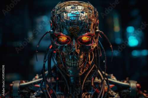 humanoid android robot with artificial intelligence  evil bad eyes  metallic body. Generative AI