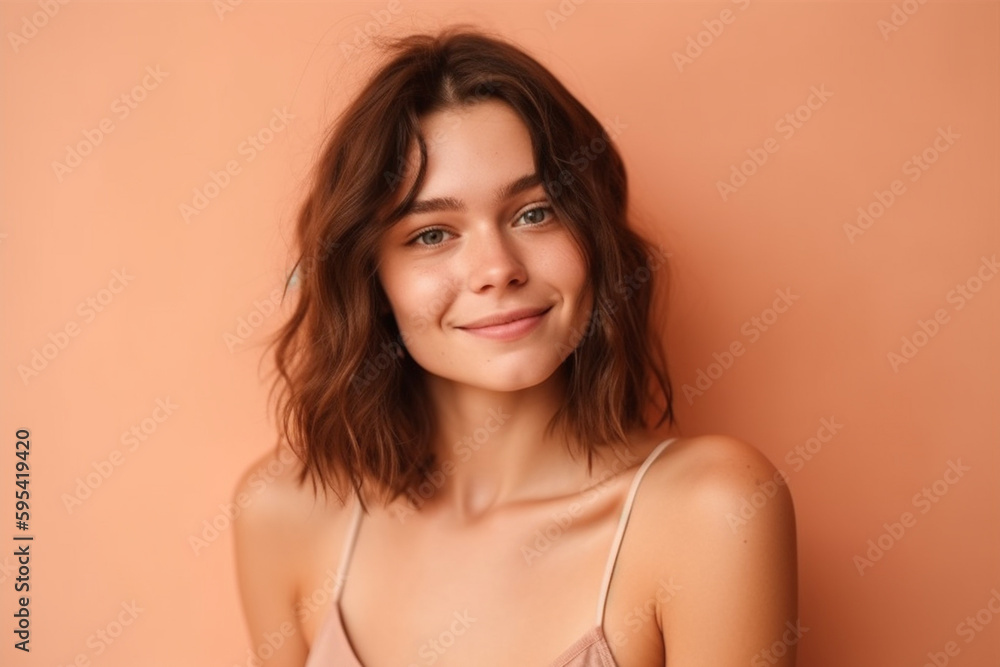 young adult beautiful brunette woman wears tank-top, slender, pink background. Generative AI young adult beautiful brunette woman wears tank-top, slender, pink background. Generative AI