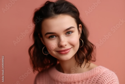 young adult beautiful brunette woman wears sweater, pink background. Generative AI