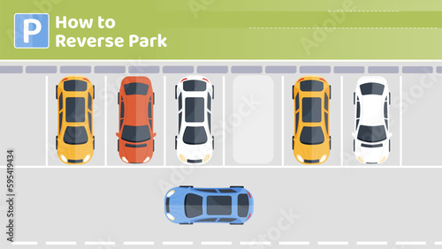 How to reverse park stage. Top view of cars in parking lot. Driving instruction, materials for drivers. Safe driving in city. Template, layout and mock up. Cartoon flat vector illustration
