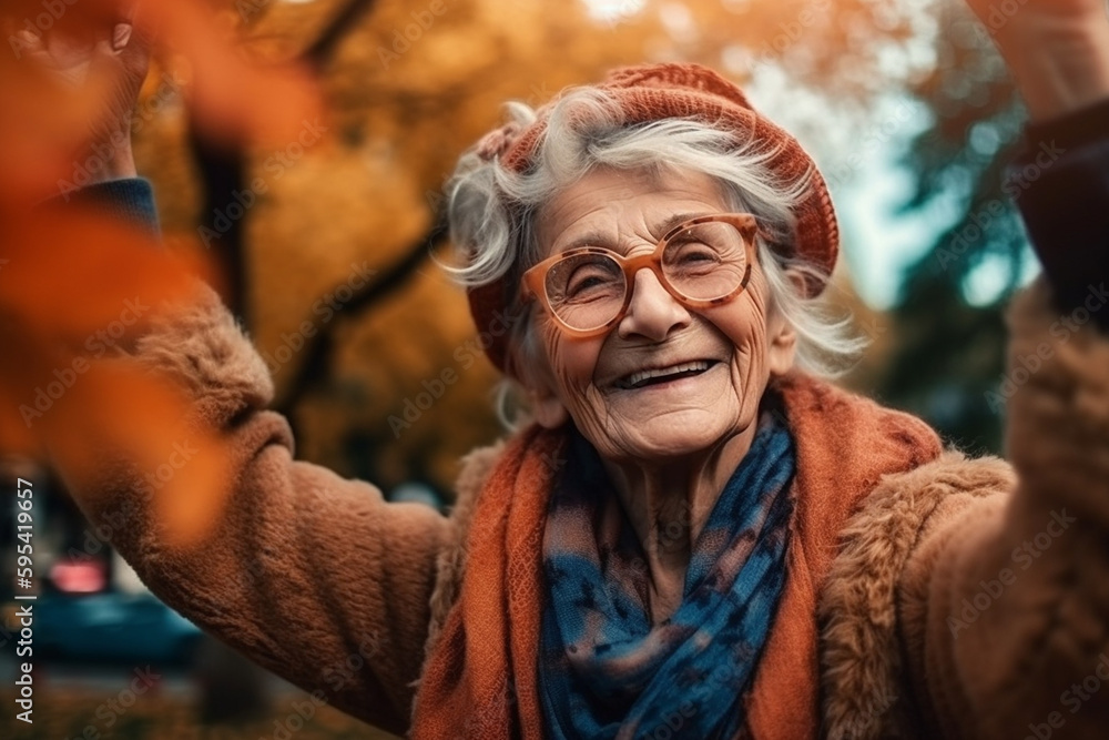 happy old woman, grandma with arms out, autumn colors, outdoor fun. Generative AI