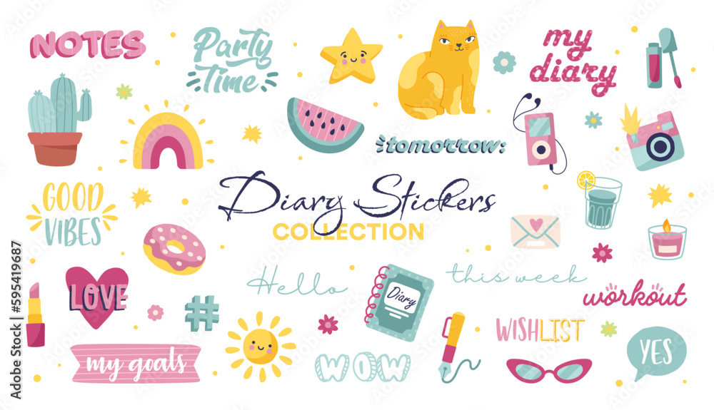 Diary stickers collection. Set of graphic elements for website. Piece of watermelon, donut and cat. Rainbow and star, lipstick. Cartoon flat vector illustrations isolated on white background
