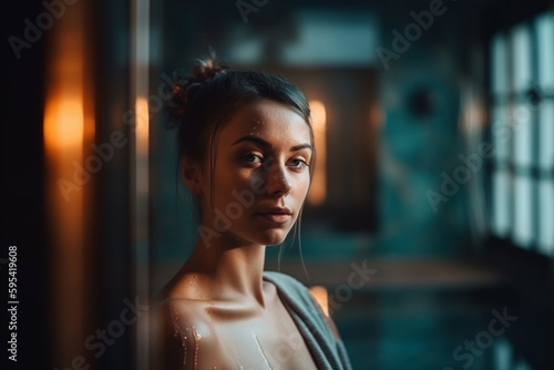 young adult woman in a spa with indoor swimming pool, swim and relax, hotel or private room. Generative AI