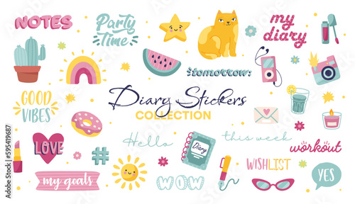 Diary stickers collection. Set of graphic elements for website. Piece of watermelon, donut and cat. Rainbow and star, lipstick. Cartoon flat vector illustrations isolated on white background
